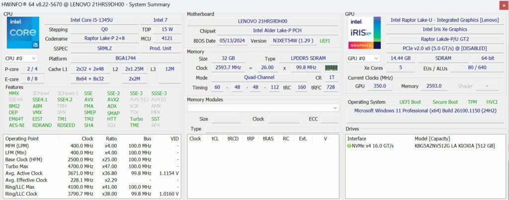 Ein Screenshot von HWiNFO zeigt detaillierte Systeminformationen eines Lenovo-Laptops mit einem Intel Core i5-1345U Prozessor. Die Übersicht enthält Angaben zur CPU, dem Speicher (LPDDR5 SDRAM), der GPU (Intel Iris Xe Graphics), dem Motherboard (Lenovo 21HRS9DH00), dem Betriebssystem (Windows 11 Professional) und der NVMe-SSD (512 GB von Kioxia)