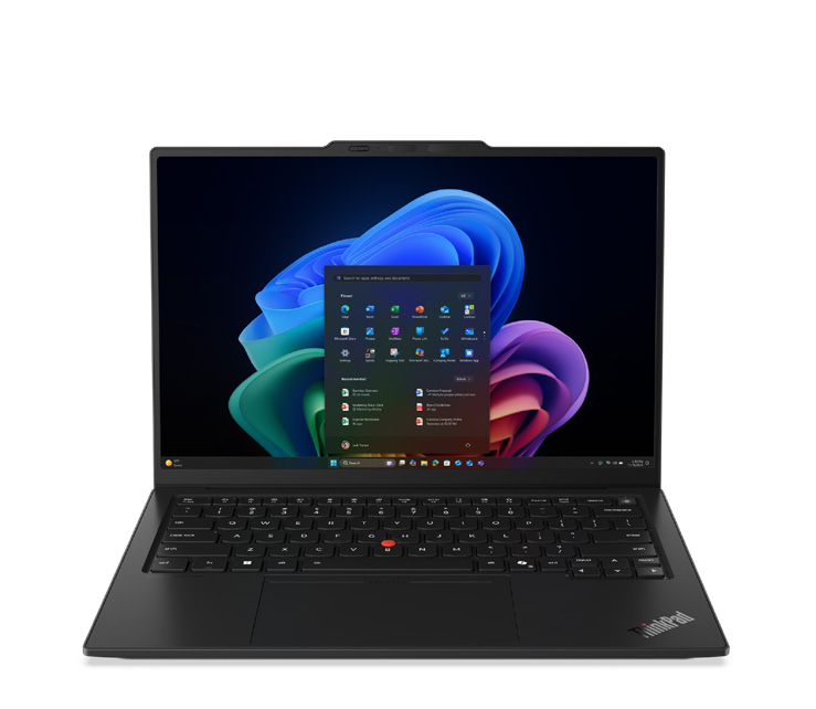ThinkPad X1 Carbon Gen 14 Aura Edition - Frontansicht mit 14" Display Lenovo ThinkPad X1 Carbon Gen 14 Aura Edition von vorne aufgeklappt - 14 Zoll Business Laptop mit 16:10 Display, ThinkPad Tastatur und rotem TrackPoint.