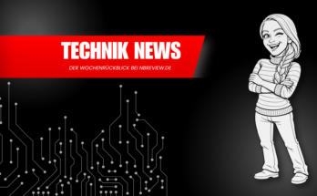 Titelbild für den nbreview Technik-News-Wochenrückblick mit Karikaturfigur, rotem News-Banner und technischem Leiterbahn-Motiv.