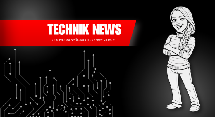 Titelbild für den nbreview Technik-News-Wochenrückblick mit Karikaturfigur, rotem News-Banner und technischem Leiterbahn-Motiv.