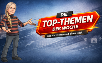 Titelbild für den nbreview Technik-News-Wochenrückblick mit Karikaturfigur, blauem Hintergrund und rotem Schriftbanner „Die Top-Themen der Woche“.