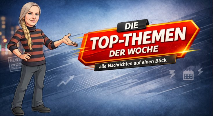 Titelbild für den nbreview Technik-News-Wochenrückblick mit Karikaturfigur, blauem Hintergrund und rotem Schriftbanner „Die Top-Themen der Woche“.