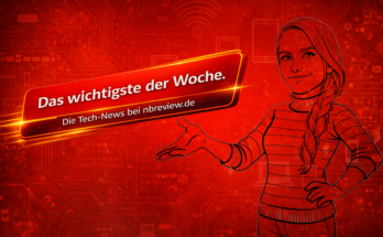 Titelbild für den nbreview Technik-News-Wochenrückblick mit rotem Hintergrund, Karikaturfigur und Schriftzug „Das Wichtigste der Woche“.