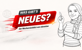 Titelbild für den nbreview Technik-News-Wochenrückblick mit heller Gestaltung, Karikaturfigur und rotem Schriftzug „Was gibt’s Neues?“.