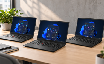 Drei schwarze Lenovo ThinkPad Notebooks auf einem Schreibtisch – KI-generiertes Vergleichsbild