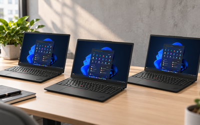 Drei schwarze Lenovo ThinkPad Notebooks auf einem Schreibtisch – KI-generiertes Vergleichsbild