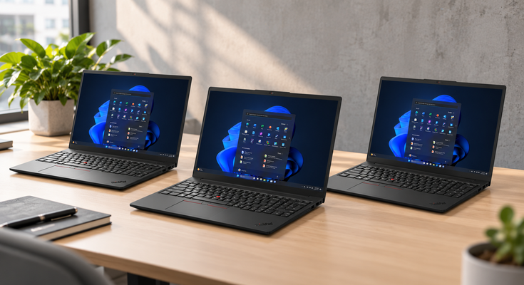 Drei schwarze Lenovo ThinkPad Notebooks auf einem Schreibtisch – KI-generiertes Vergleichsbild
